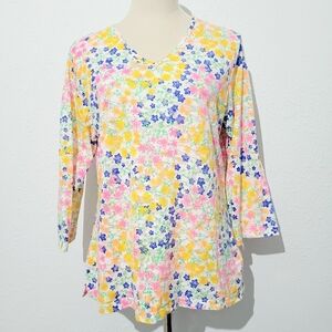 Lulu-B Colorful Floral Print Tunic Top Women’s Medium 3/4 Sleeve V-Neck Cotton